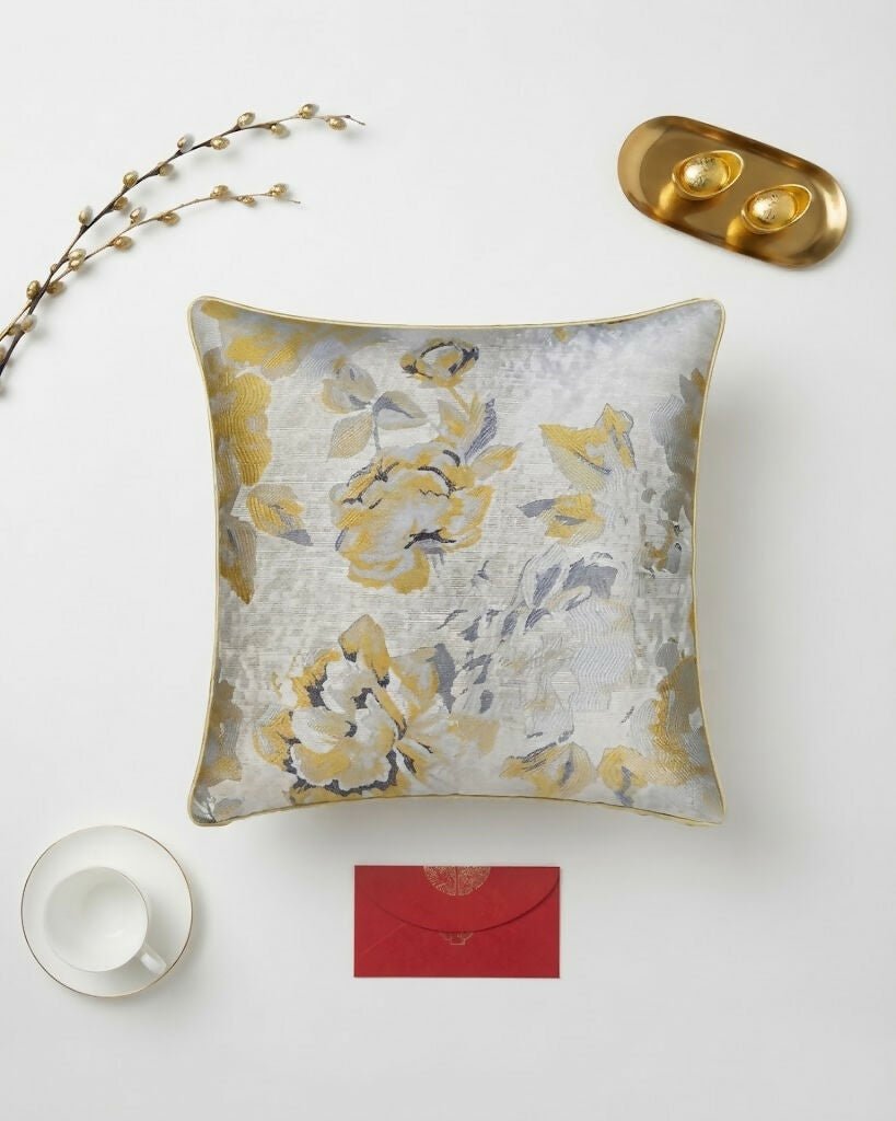 Rapee Peony Woven Jacquard Cushion Cover – 45 x 45 cm – Yellow - Metro Singapore Departmental Store - Celebrating 69 Years in SG