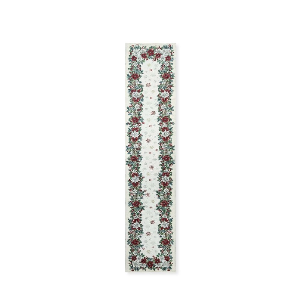 Rapee Poinsettia Border Design Woven on Natural Chenille Table Runner with Straight Ends – 33 x 180 cm – Natural - Metro Singapore Departmental Store - Celebrating 69 Years in SG