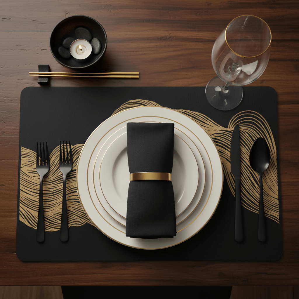 Rapee Wave Placemat | Gold Print PU - 30 x 45 cm, Black - Metro Singapore Departmental Store - Celebrating 69 Years in SG