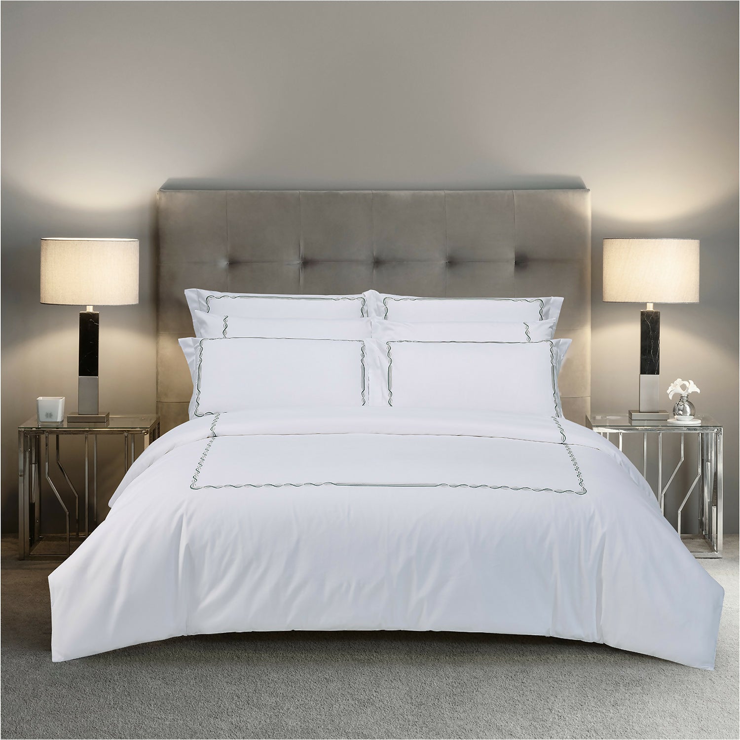 Embroidery Bedset - White with Green Embroidery