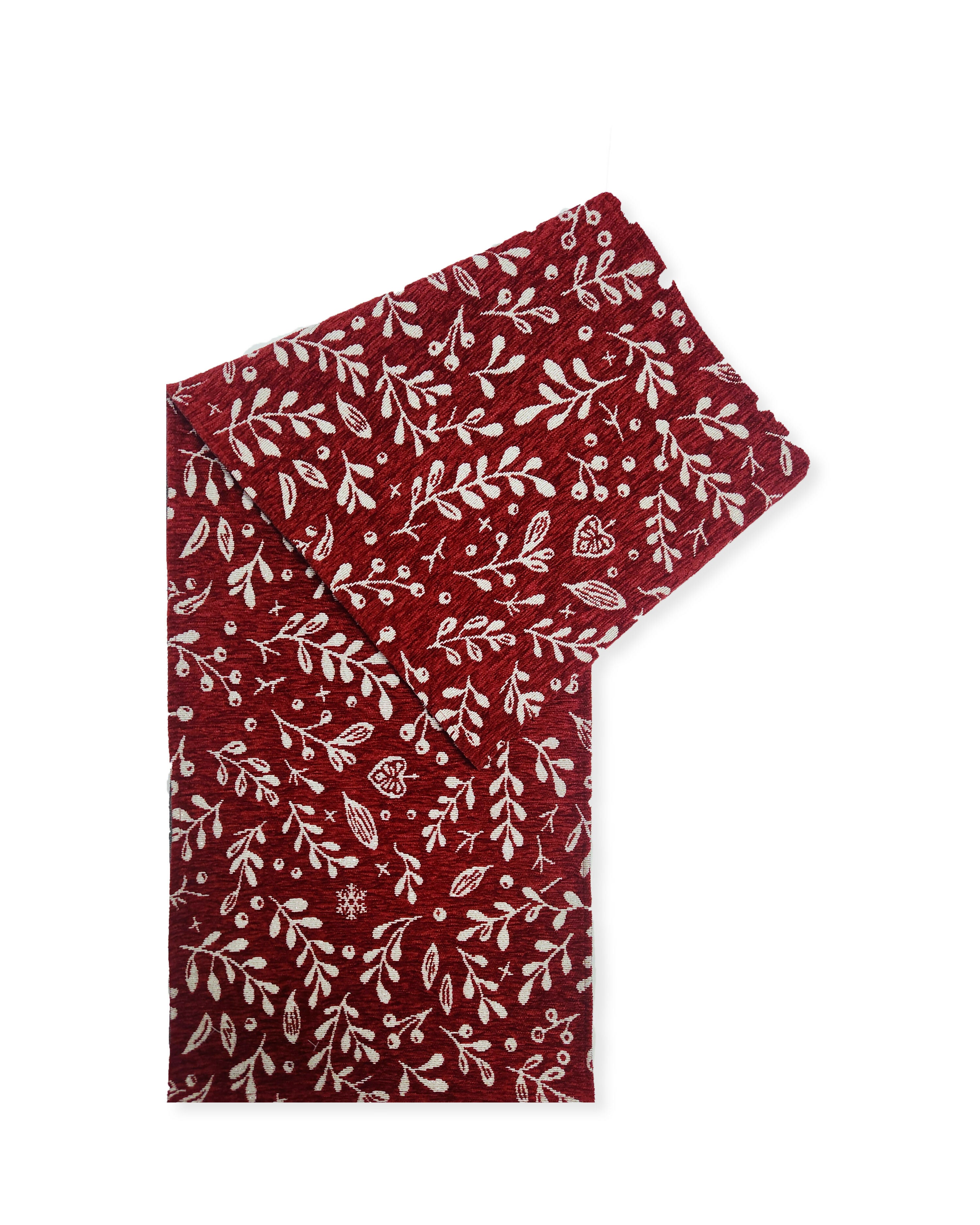 Rapee Joy Hollyberry Woven on Red Chenille Table Runner with Straight Ends – 33 x 180 cm – Red