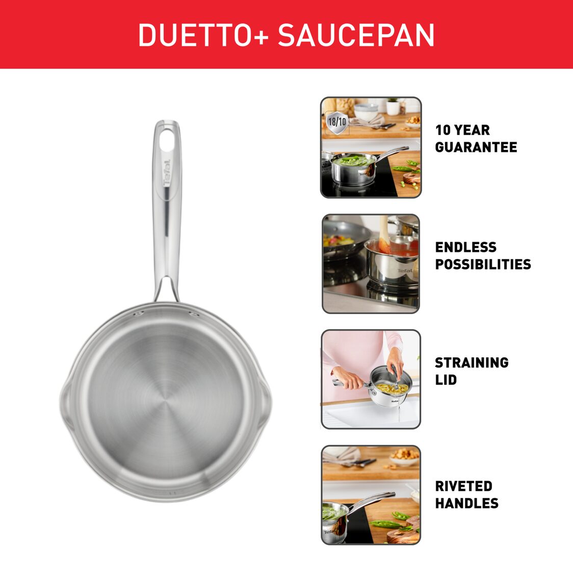 Tefal Duetto+ Stainless Steel Saucepan 18cm With Glass Lid G71923 - Metro Singapore Departmental Store - Celebrating 69 Years in SG