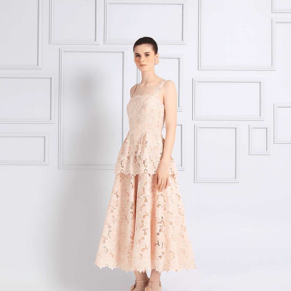 Votum Heritage Lace Embroidered Midi Dress in Peach S - Metro Singapore Departmental Store - Celebrating 69 Years in SG