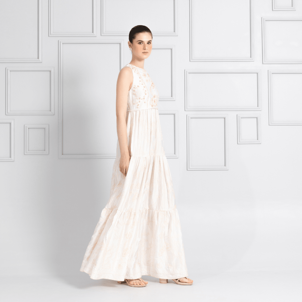 Votum Heritage Satin Embroidered Gathered Long - Dress F - Metro Singapore Departmental Store - Celebrating 69 Years in SG