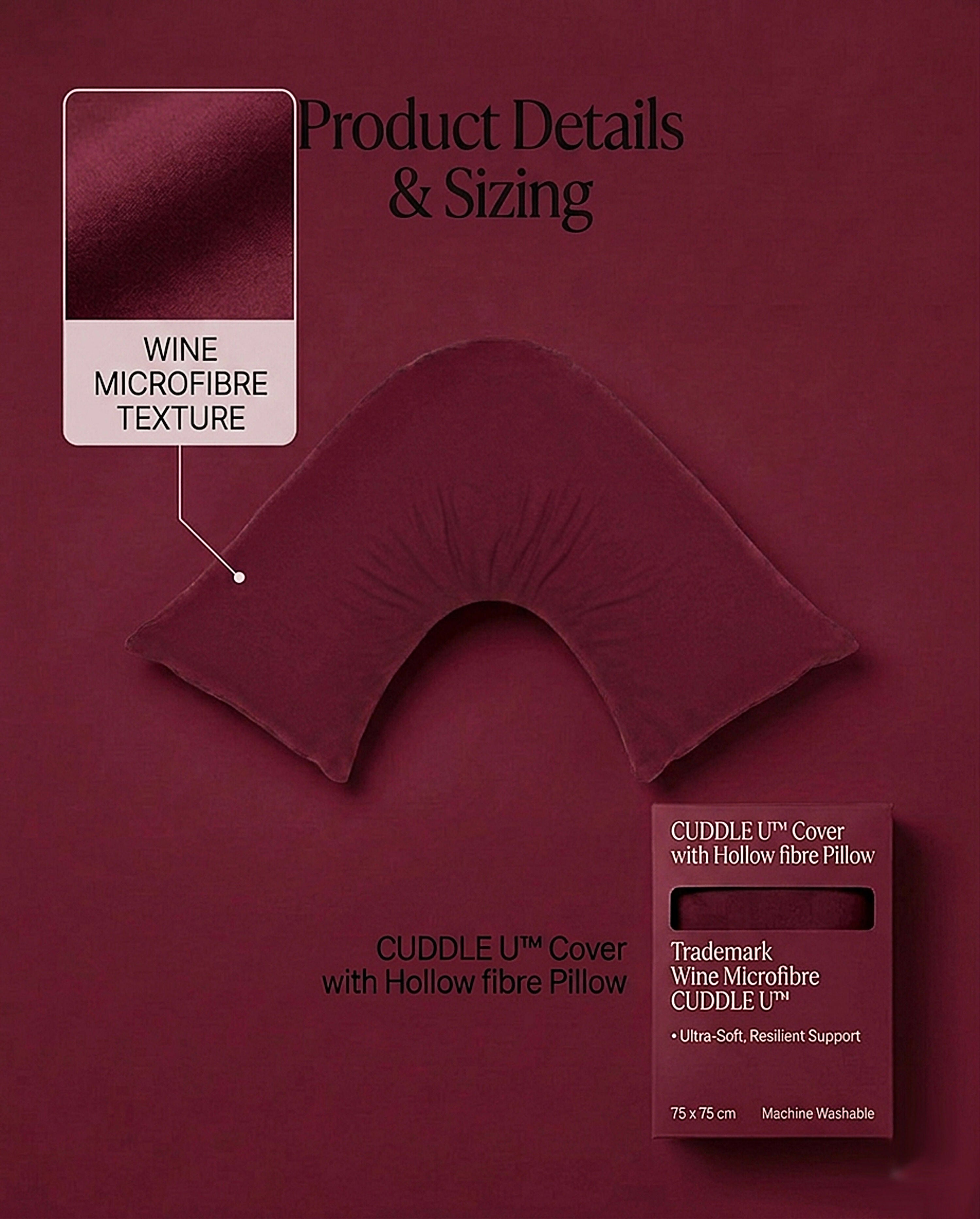 Rapee CUDDLE U™ V-Shape Pillow & Microfibre Cover Set – 75 x 75 cm – Wine